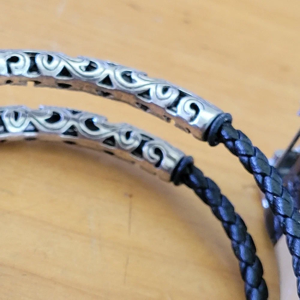 Black Faux Leather Multi Strand Bracelet Silver Tone Gothic 36g